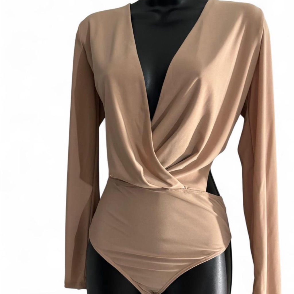 Lulu's Tan Long Sleeve Wrap Bodysuit